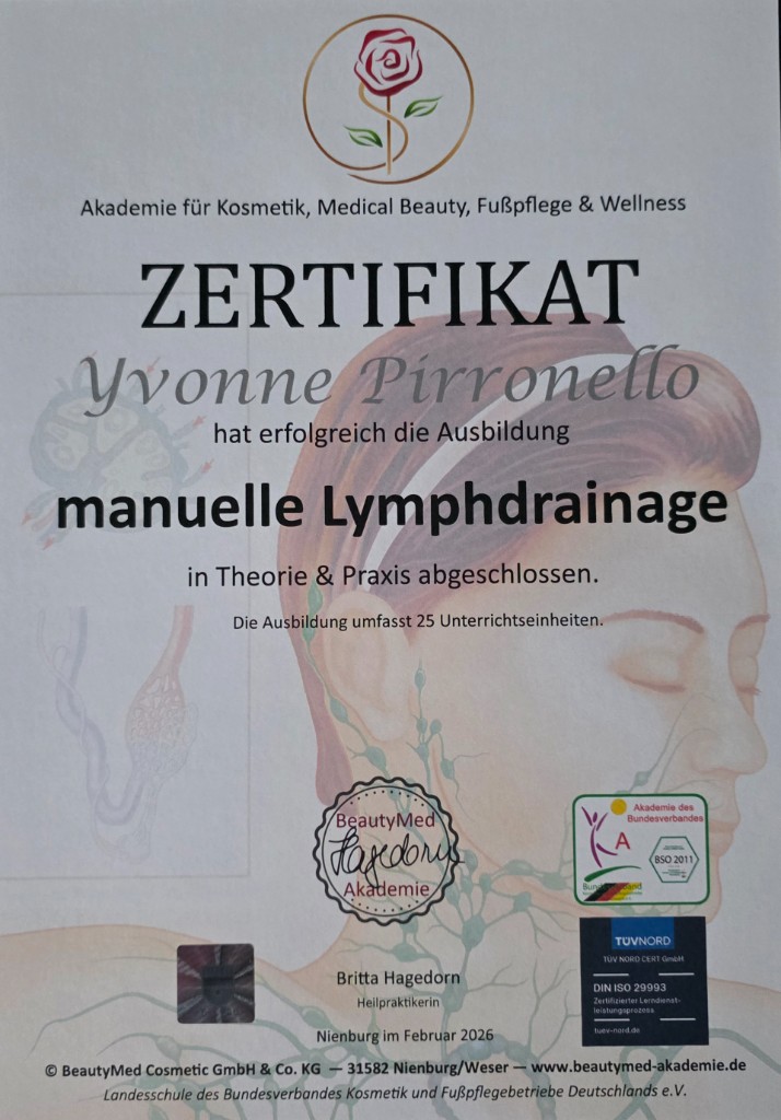 Zertifikat manuelle Lymphdrainage Yvonne Pirronello